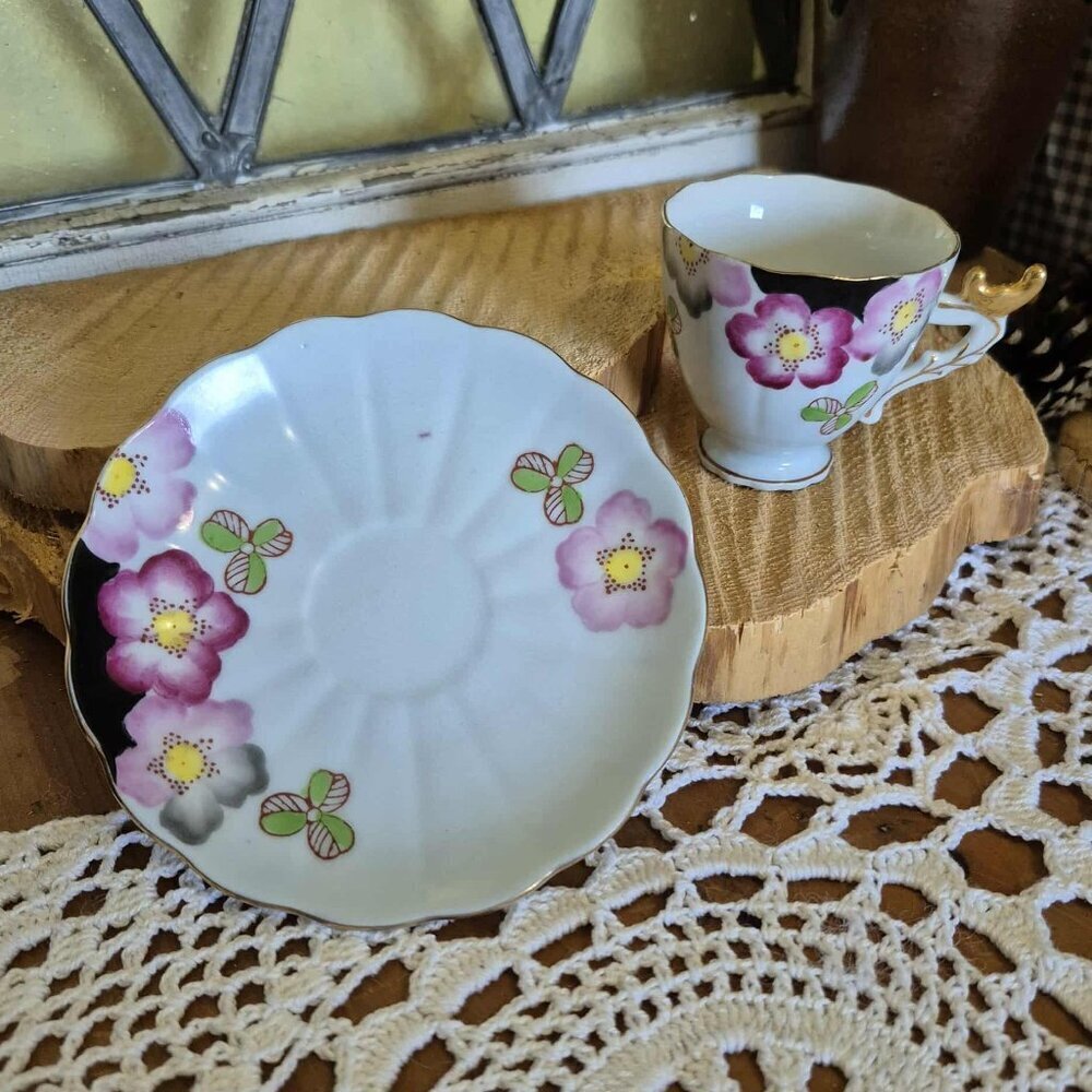 SHAFFORD Vintage Black & Pink Mini Porcelain Tea Cup - Picture 3 of 6
